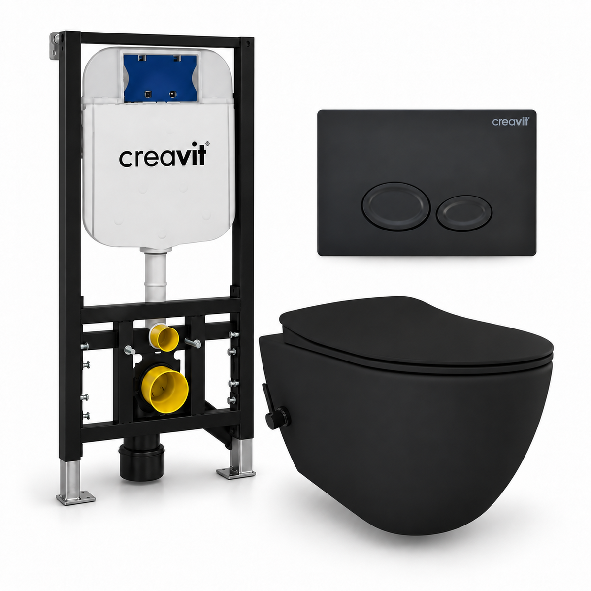 Creavit Free met Warm/Koud Bidet complete toiletset – toiletpot mat zwart, toiletbril mat zwart, Drop drukplaat mat zwart en GR5003 inbouwreservoir