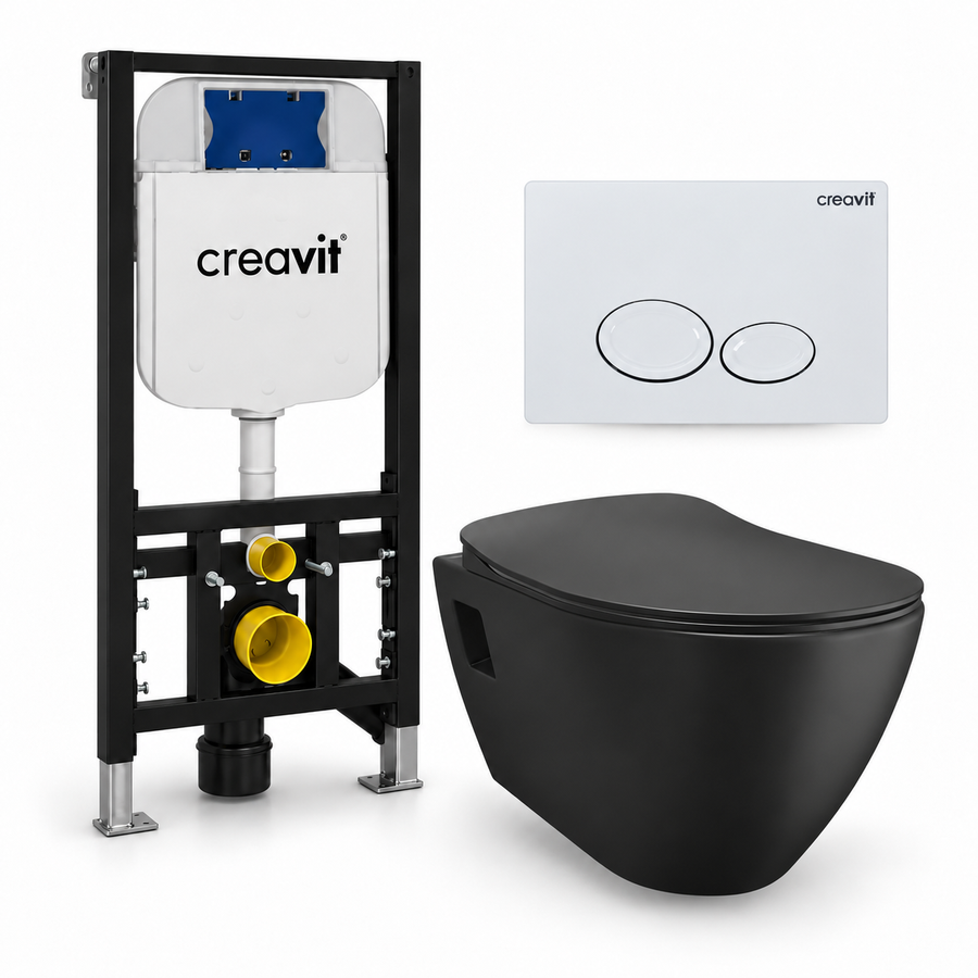 Creavit Terra complete toiletset – toiletpot houtskoolzwart, toiletbril mat zwart, Drop drukplaat wit en GR5003 inbouwreservoir