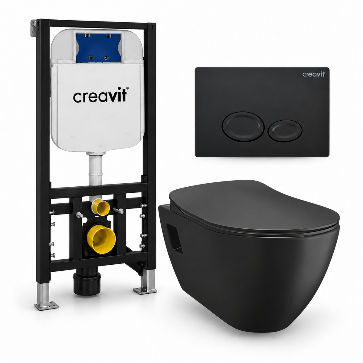 Creavit Terra complete toiletset – toiletpot houtskoolzwart, toiletbril mat zwart, Drop drukplaat mat zwart en GR5003 inbouwreservoir
