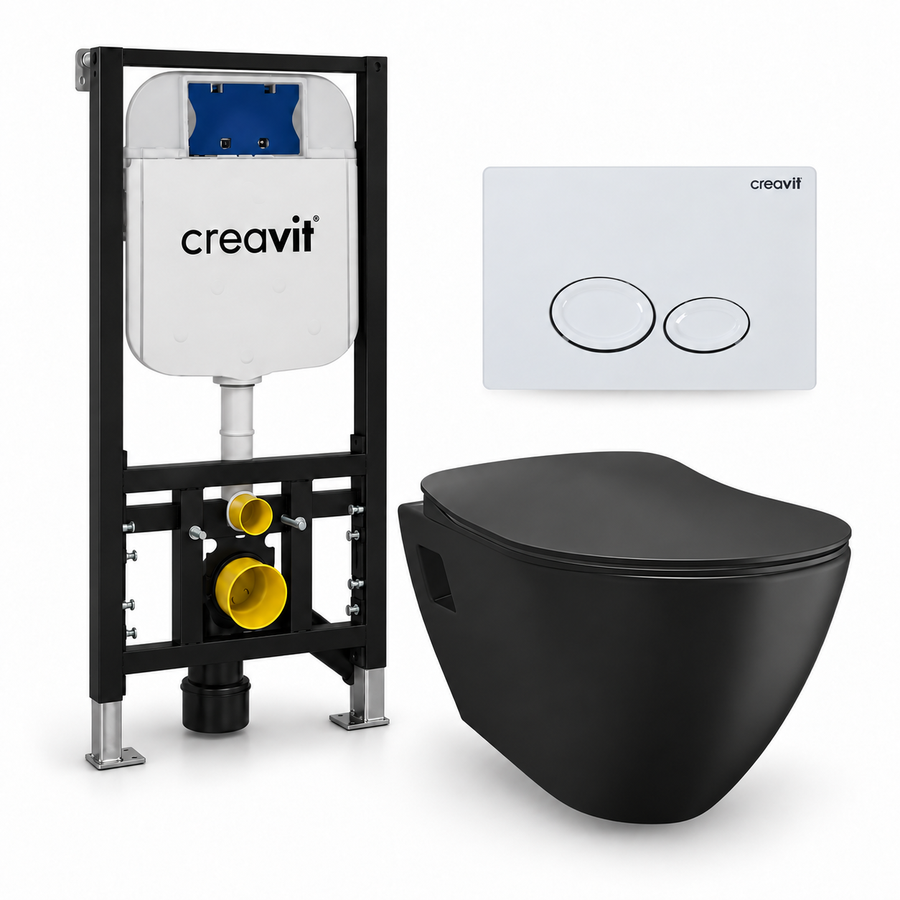 Creavit Terra complete toiletset – toiletpot mat zwart, toiletbril mat zwart, Drop drukplaat wit en GR5003 inbouwreservoir