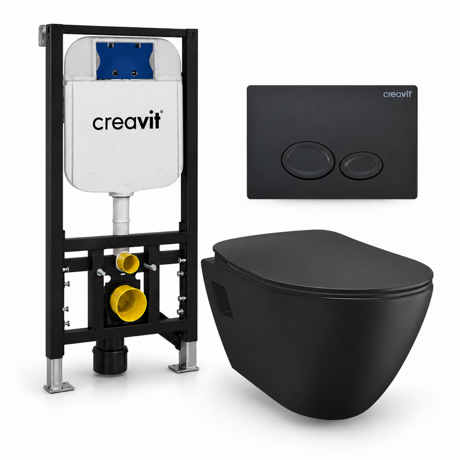 Creavit Terra complete toiletset – toiletpot mat zwart, toiletbril mat zwart, Drop drukplaat mat zwart en GR5003 inbouwreservoir