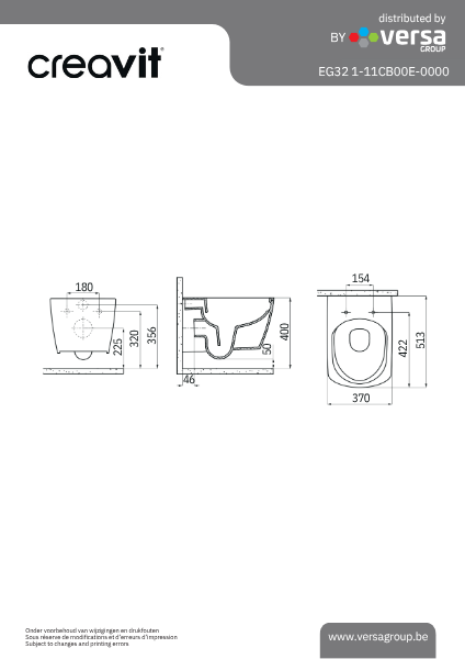 Technische tekening Creavit Elegant EG321 hangtoilet met maatvoering 513 x 370 x 356 mm