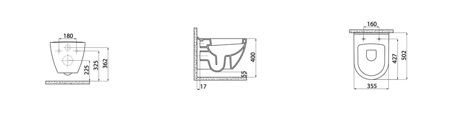 Creavit Terra TP325 hangtoilet technische tekening 355x502 mm