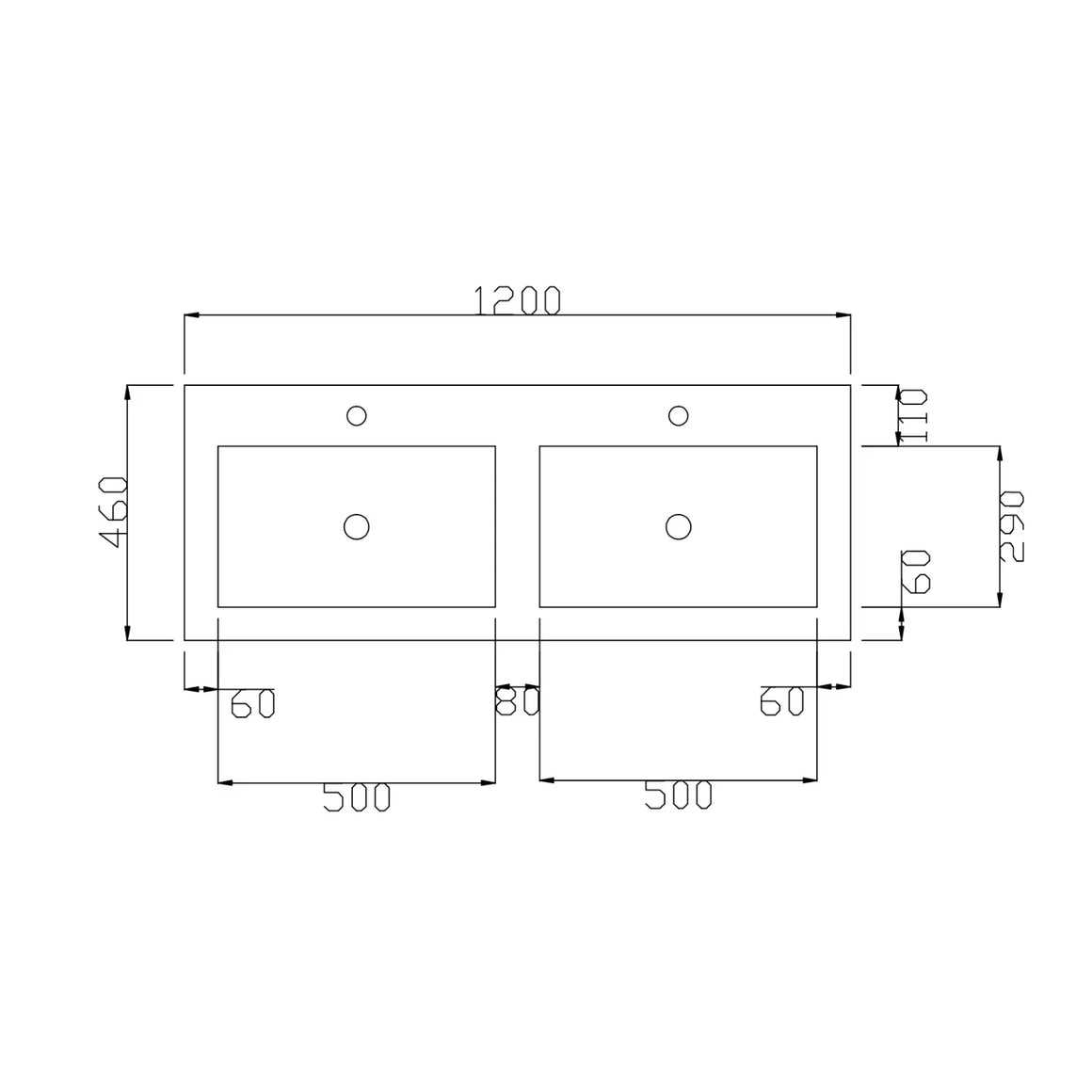 DutchLine Atlanta Wastafel 120 Dubbele Wasbak - Glans Wit - 2 Kraangaten