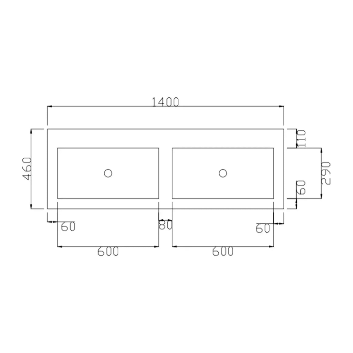 DutchLine Atlanta Wastafel 140 Dubbele Wasbak - Mat Wit - 0 Kraangaten