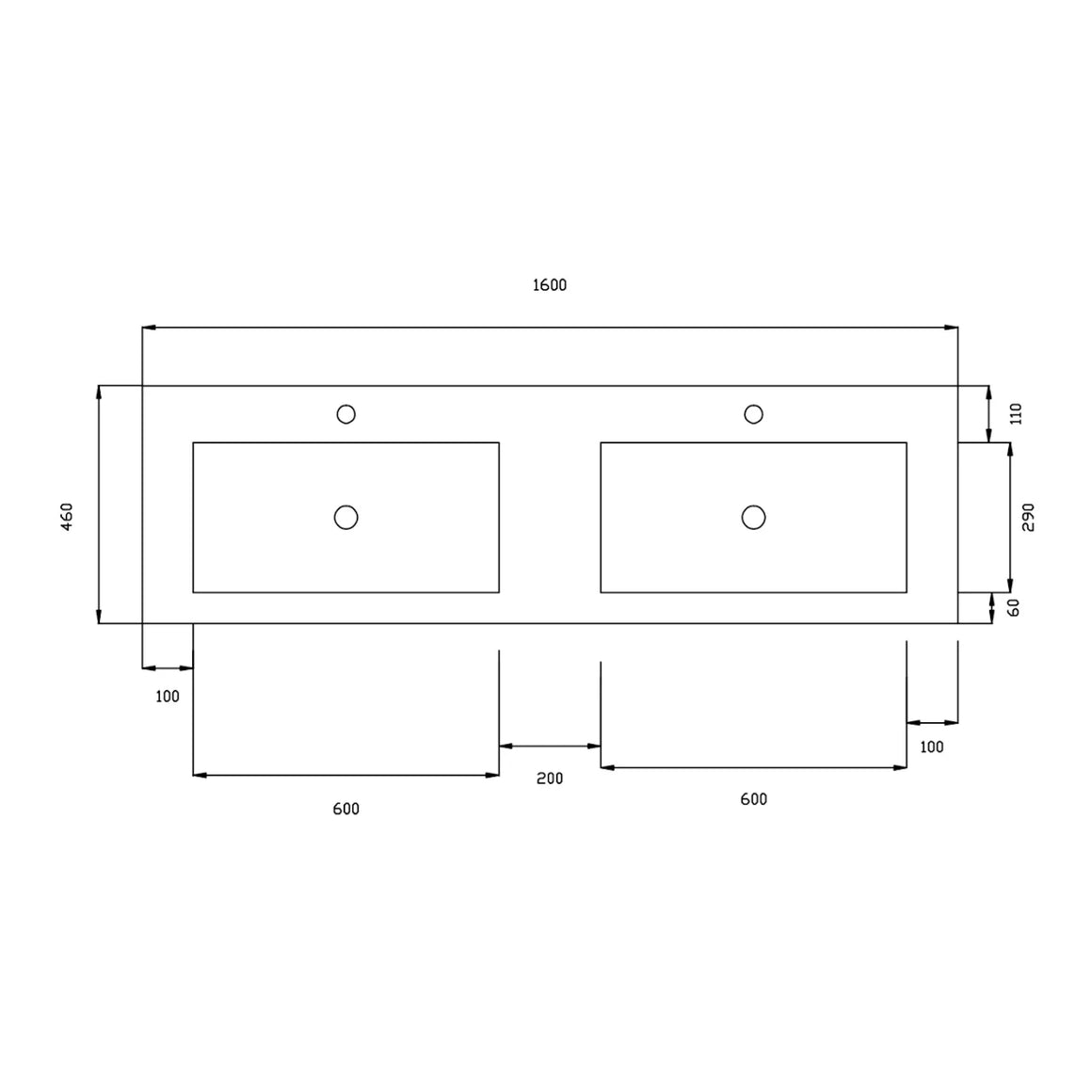 DutchLine Atlanta Wastafel 160 Dubbele Wasbak - Glans Wit - 2 Kraangaten