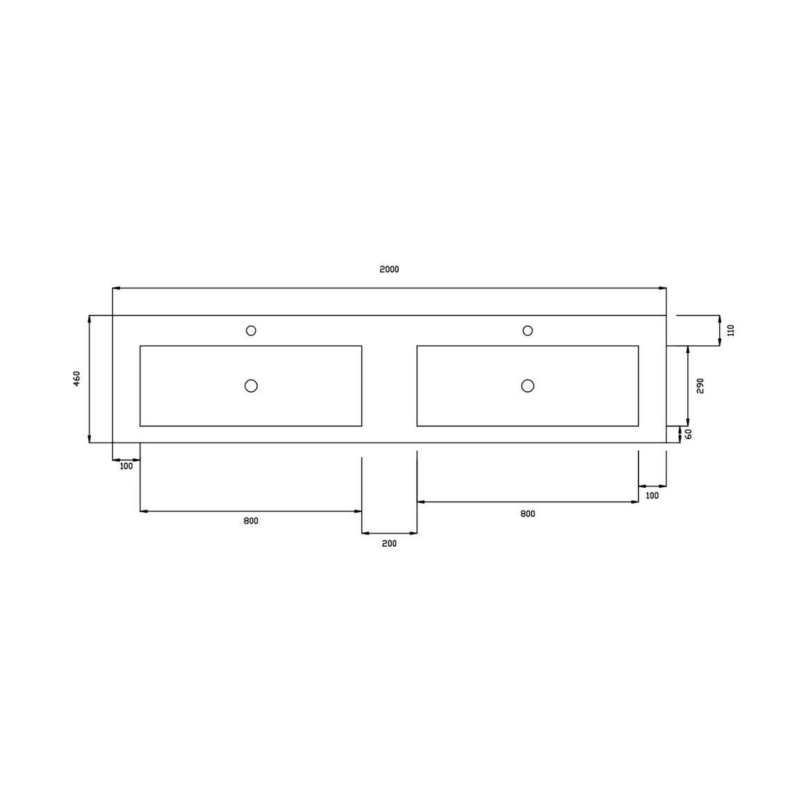 DutchLine Atlanta Wastafel 200 Dubbele Wasbak - Glans Wit - 2 Kraangaten