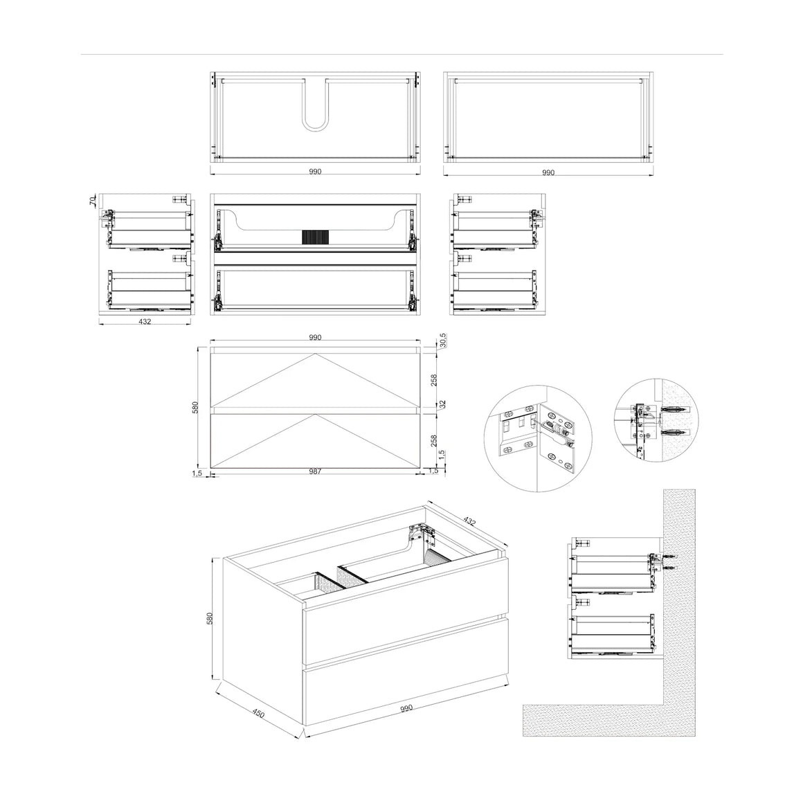 DutchLine Badmeubel Onderkast – Glans Wit – 100x46cm – 2 Lades – 1 Uitsparing