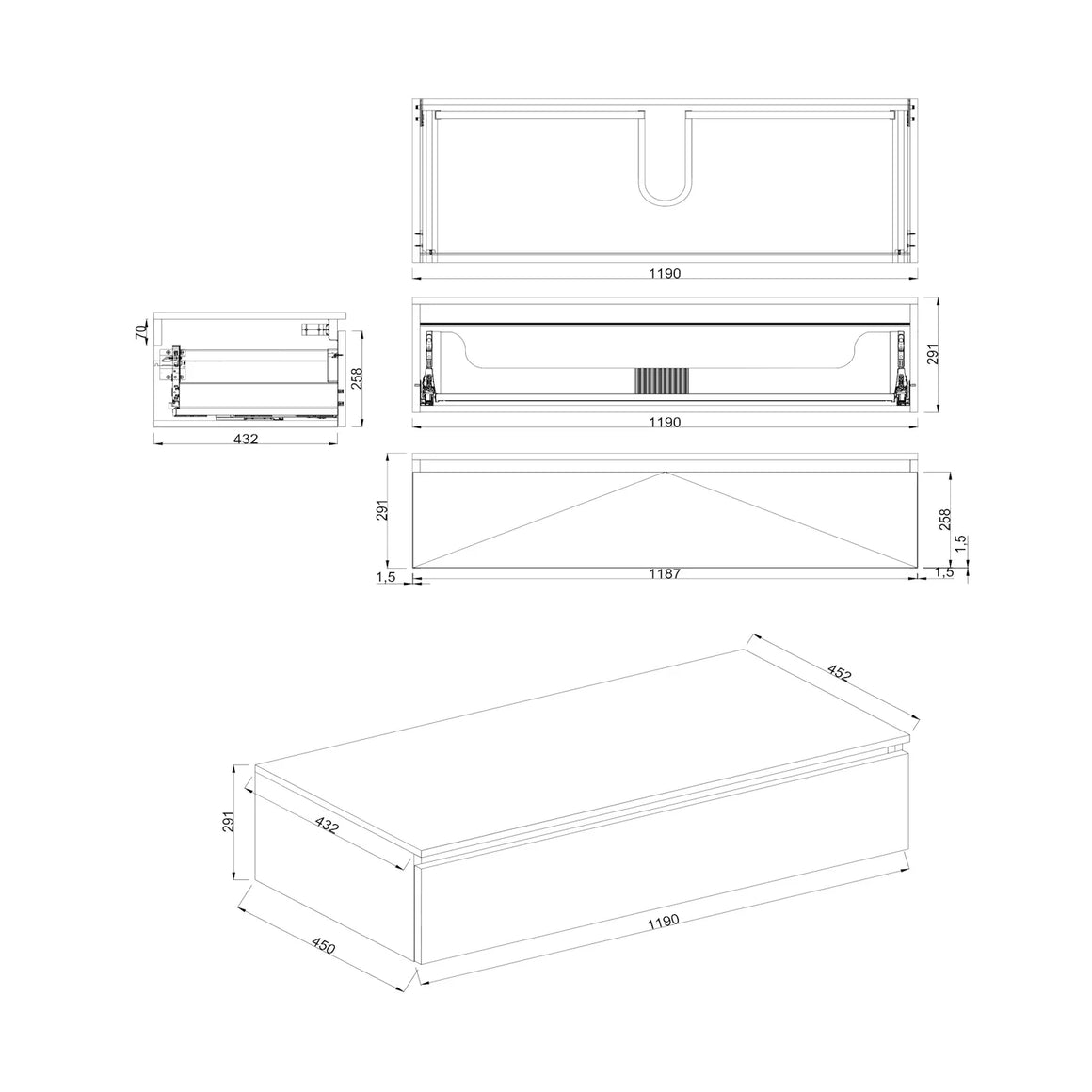 DutchLine Badmeubel Onderkast – Mat Zwart – 120x46cm – 1 Lade – 1 Uitsparing