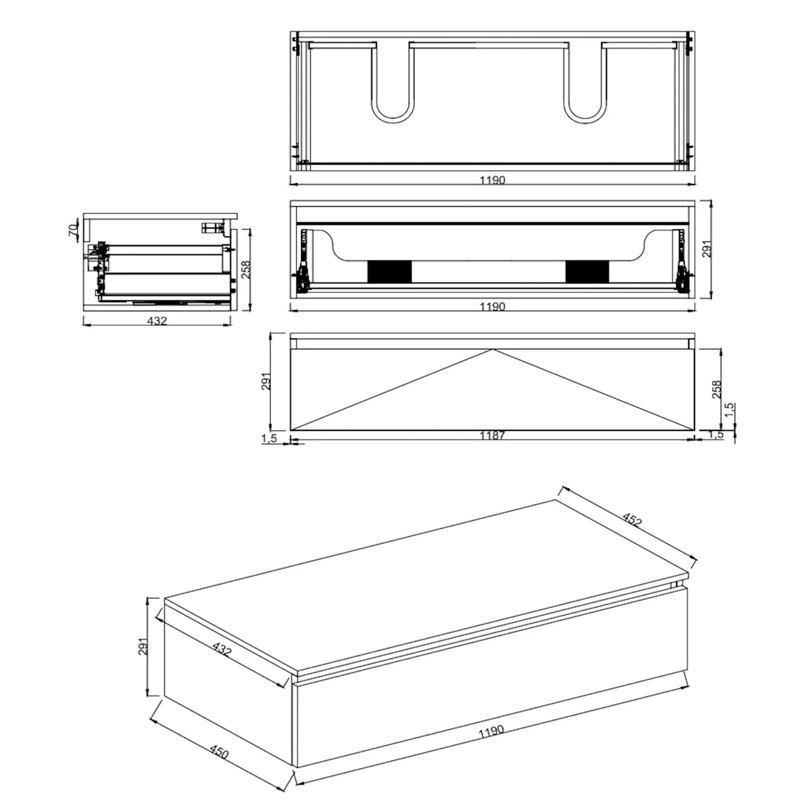 DutchLine Badmeubel Onderkast – Mat Zwart – 120x46cm – 1 Lade – 2 Uitsparingen
