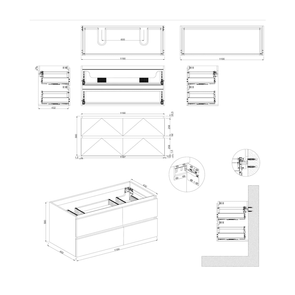 DutchLine Badmeubel Onderkast – Lumiere – 120x46cm – 4 Lades – 2 Uitsparingen