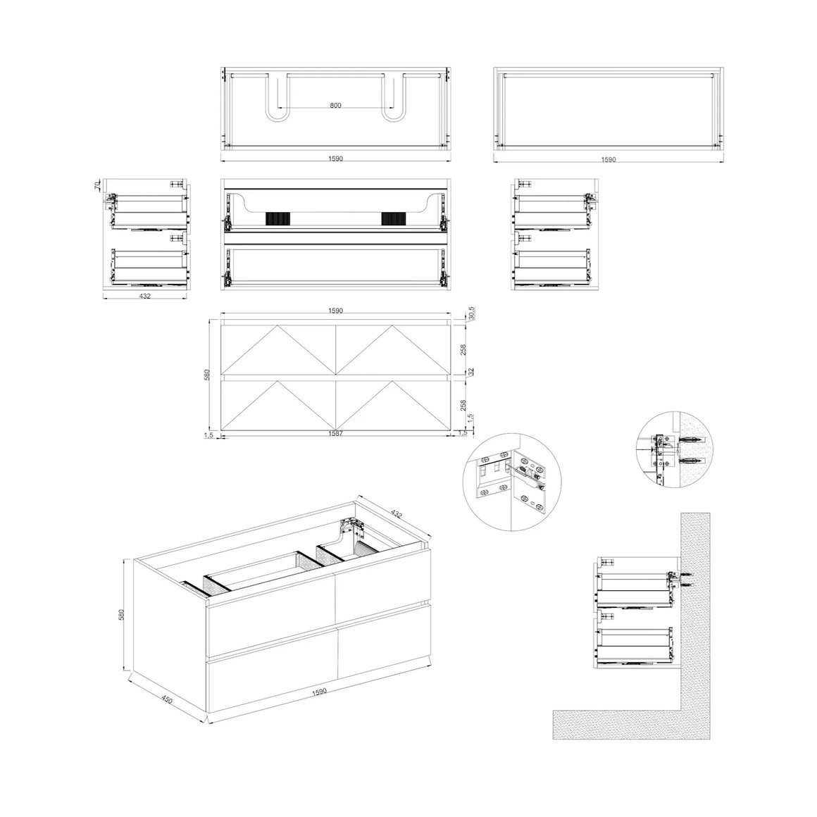 DutchLine Badmeubel Onderkast – Mat Wit – 200x46cm – 4 Lades – 2 Uitsparingen