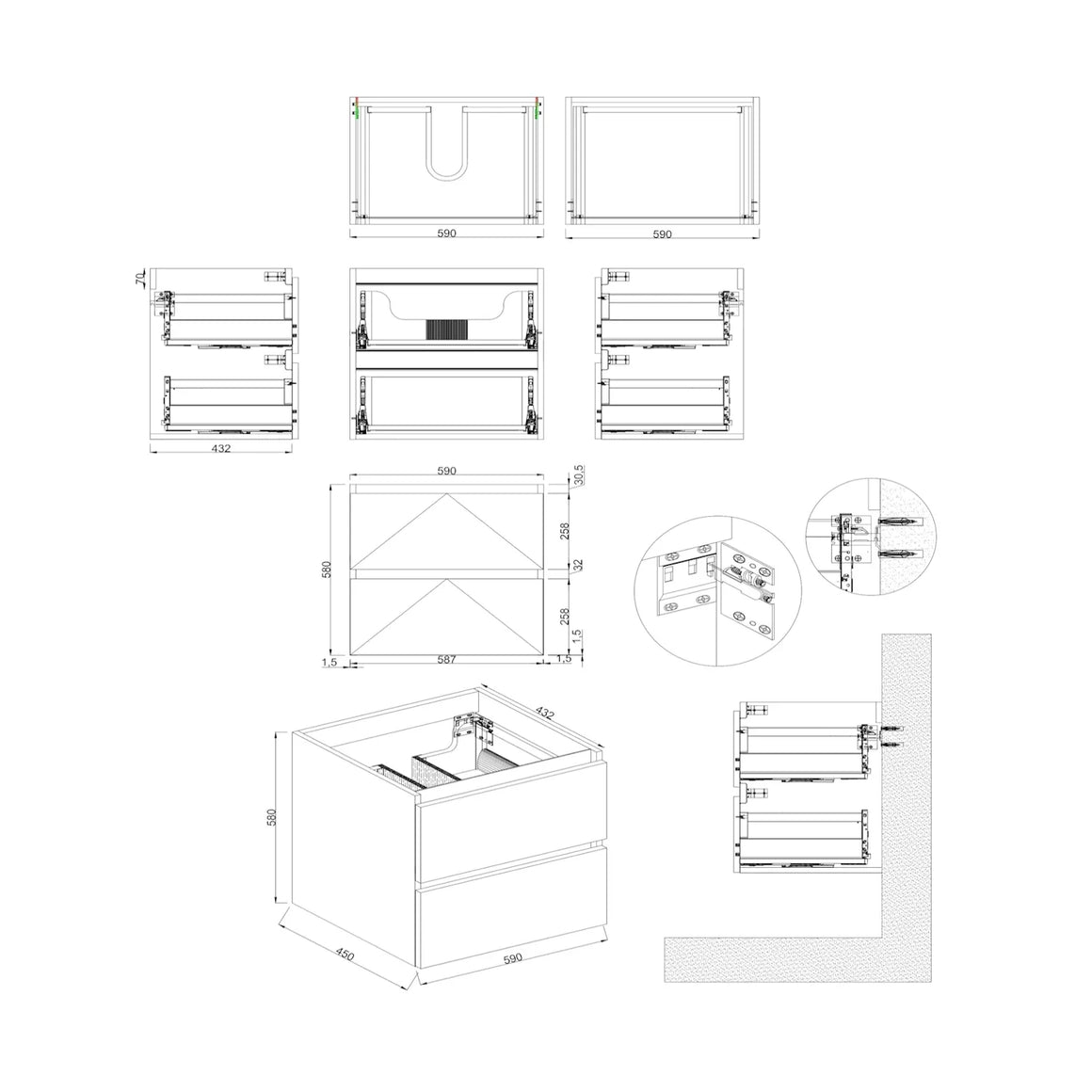 DutchLine Badmeubel Onderkast – Glans Wit – 60x46cm – 2 Lades – 1 Uitsparing