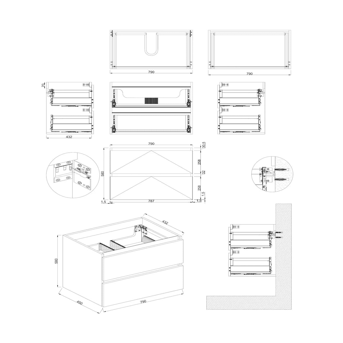 DutchLine Badmeubel Onderkast – Mat Zwart – 80x46cm – 2 Lades – 1 Uitsparing