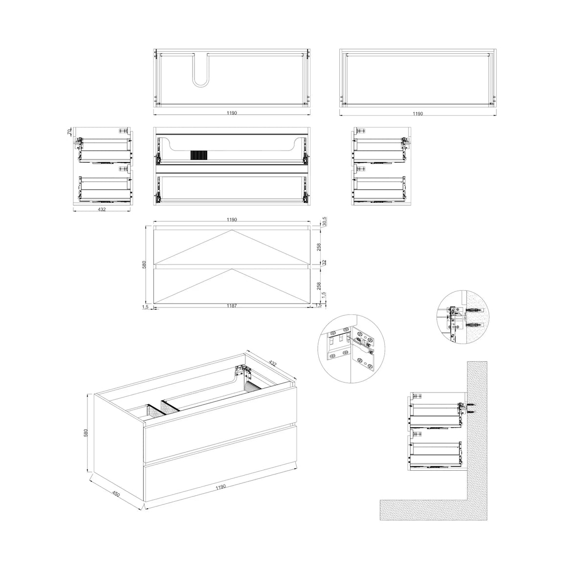 DutchLine Badmeubel Onderkast Links – Lumiere – 120x46cm – 2 Lades – 1 Uitsparing
