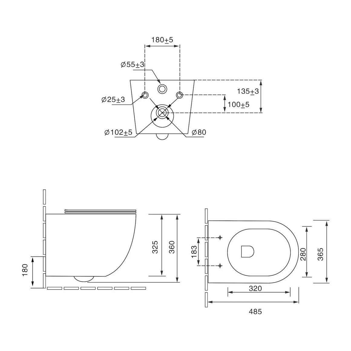 DutchLine Luccio Rimless Ondiep hangtoilet mat wit technische tekening