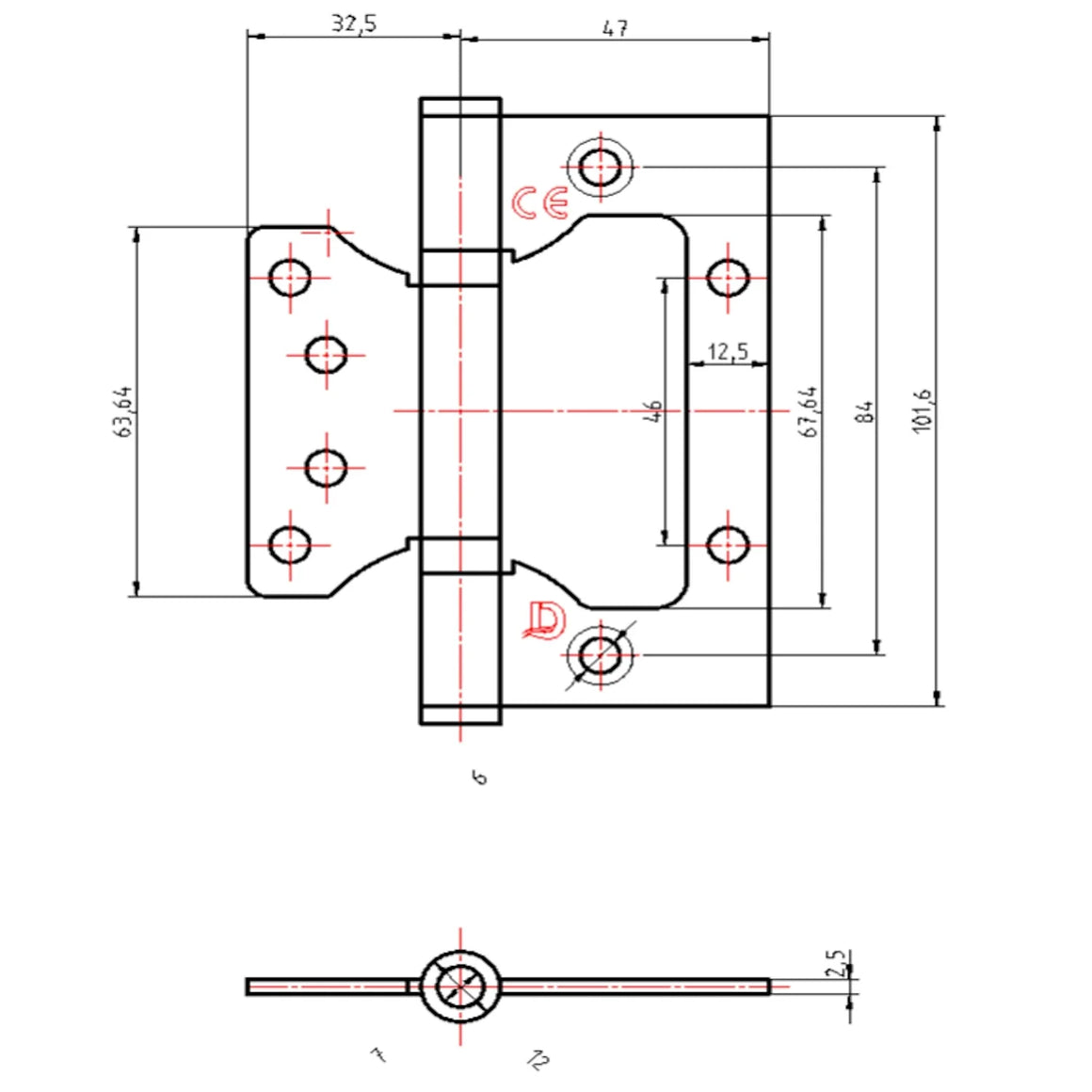 DutchLine Scharnier zonder frees-werk - RVS - 101.6x79.5mm