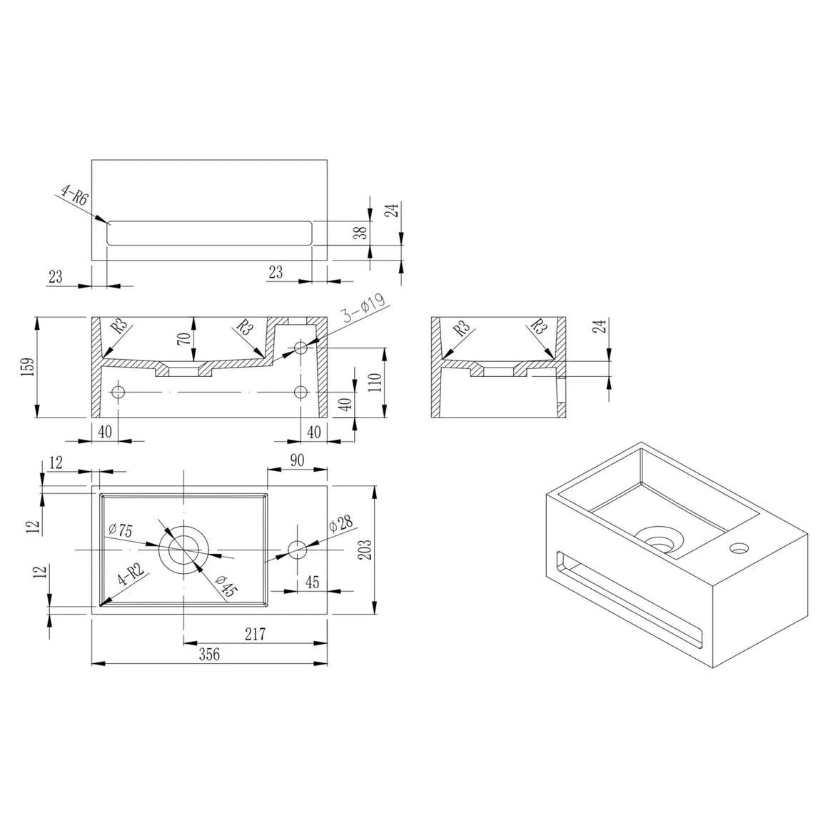 DutchLine Solid.Surface Fontein Met Handdoekrek - Mat Wit Rechts - 356x203x159mm