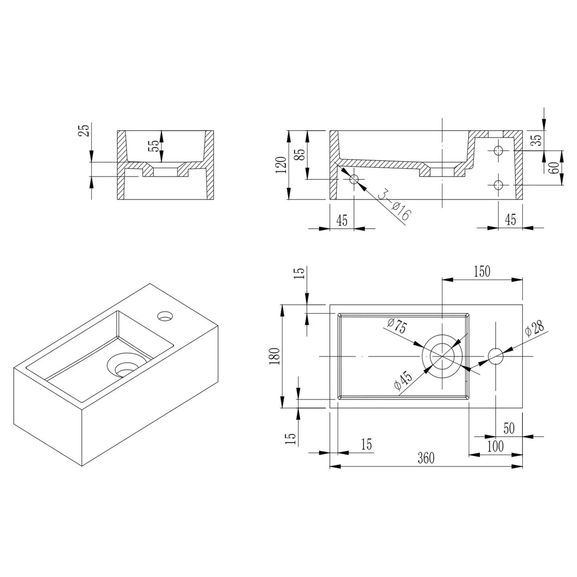 DutchLine Solid.Surface Fontein - Mat Wit Links - 360x180x120mm