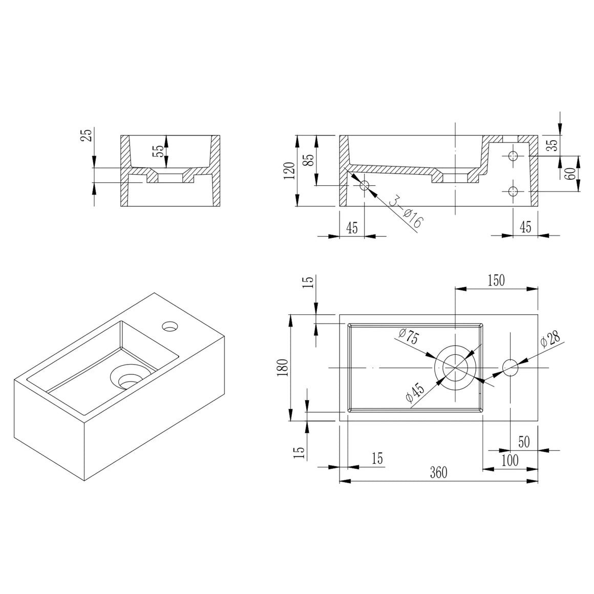 DutchLine Solid.Surface Fontein - Mat Wit Links - 360x180x120mm