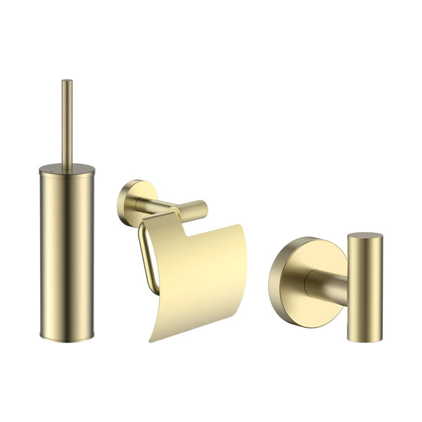 DutchLine toiletaccessoireset 3-delig geborsteld messing goud – toiletborstel, toiletrolhouder en haak