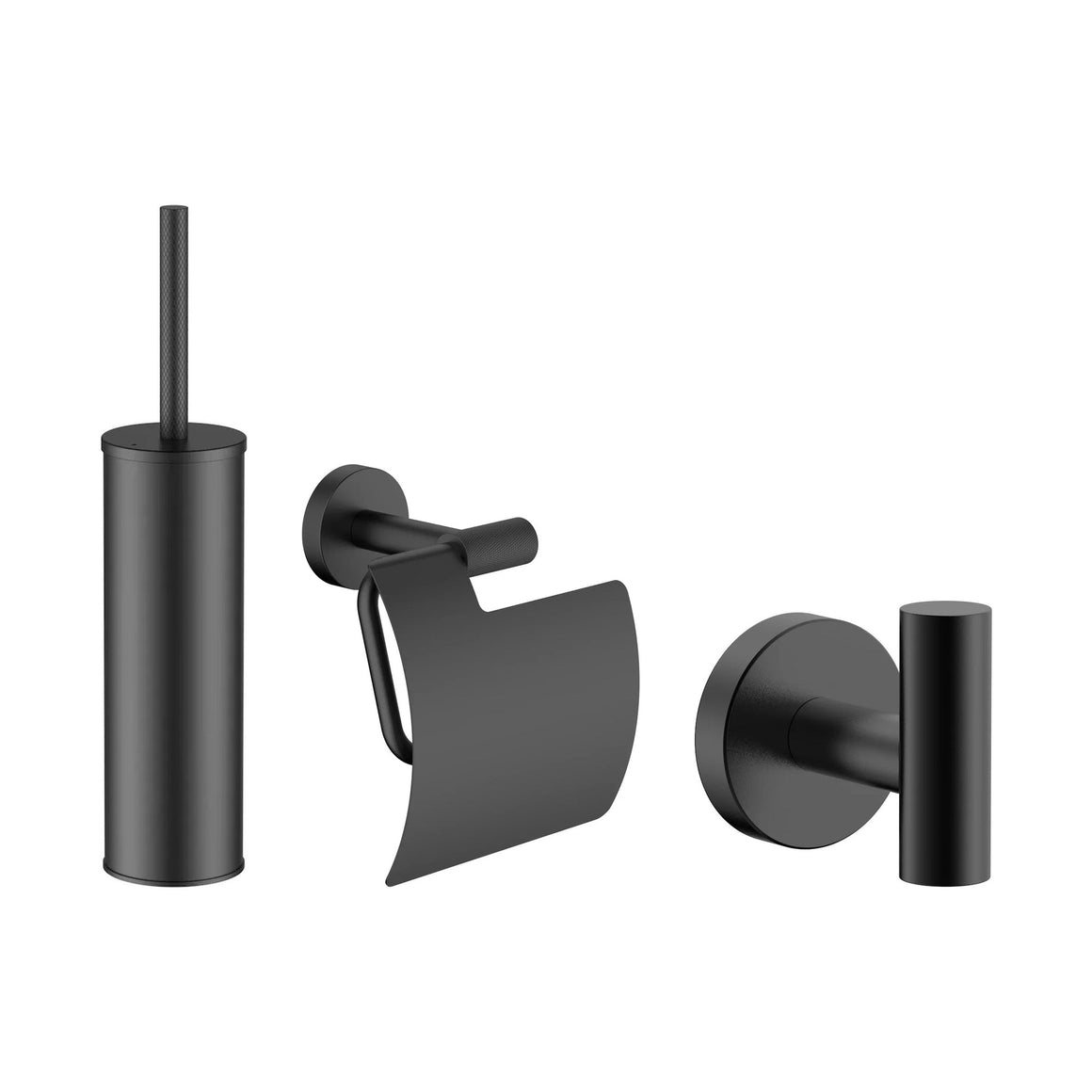 DutchLine toiletaccessoireset 3-delig mat zwart - productfoto set (toiletborstel, toiletrolhouder en haak)