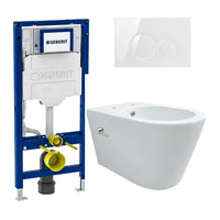 DutchLine Hugo Tornado Flush Ondiep met bidet toiletset glans wit met Geberit UP320 inbouwreservoir en DutchLine drukplaat