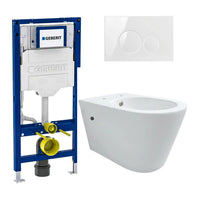 DutchLine Hugo Tornado Flush Ondiep met bidet toiletset mat wit met Geberit UP320 inbouwreservoir en DutchLine drukplaat