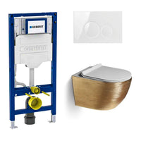 DutchLine Luccio Rimless toiletset geborsteld goud met Geberit UP320 inbouwreservoir, toiletbril en DutchLine drukplaat