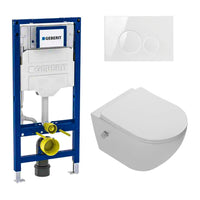 DutchLine Luccio Rimless met bidet toiletset glans wit met Geberit UP320 inbouwreservoir, toiletbril en DutchLine drukplaat