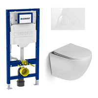 DutchLine Luccio Rimless Ondiep toiletset glans wit met Geberit UP320 inbouwreservoir, toiletbril en DutchLine drukplaat