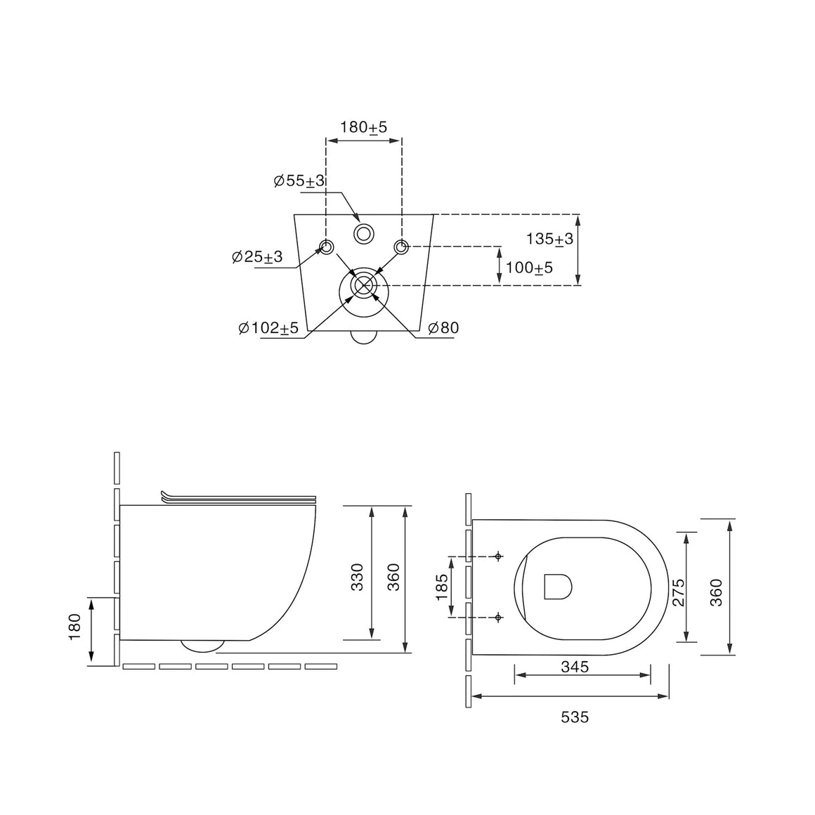 DutchLine Luccio Rimless hangtoilet met bidet technische tekening