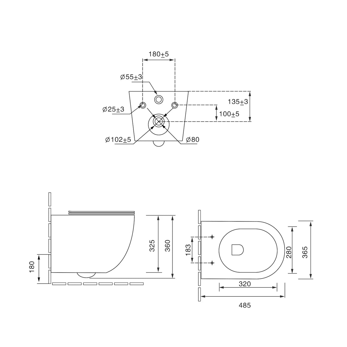 DutchLine Luccio Rimless Ondiep Glans Wit – technische tekening