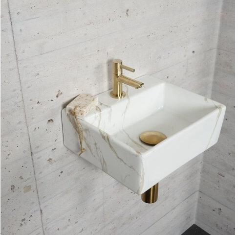 Carrara Marmor Optik Waschbecken Set Wiesbaden Farbe Messing Gold (Hahnloch Mitte)