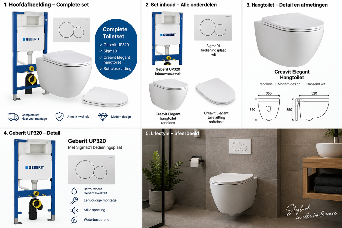 Geberit UP320 complete toiletset met Creavit Elegant randloos hangtoilet, softclose zitting en Sigma01 wit