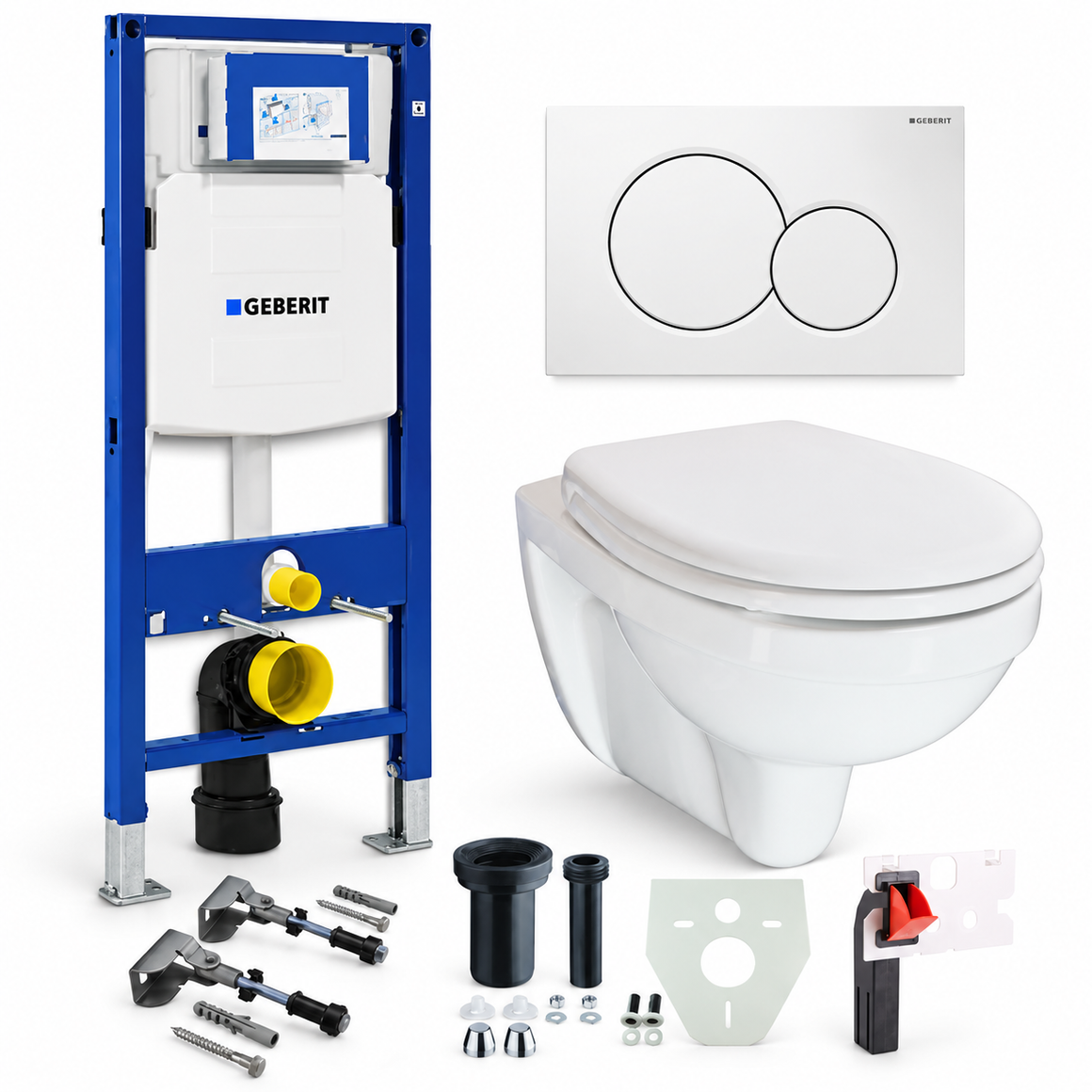 Geberit UP320 toiletset met Trevi One Pack, Sigma01 drukplaat wit en toiletblokhouder op witte achtergrond