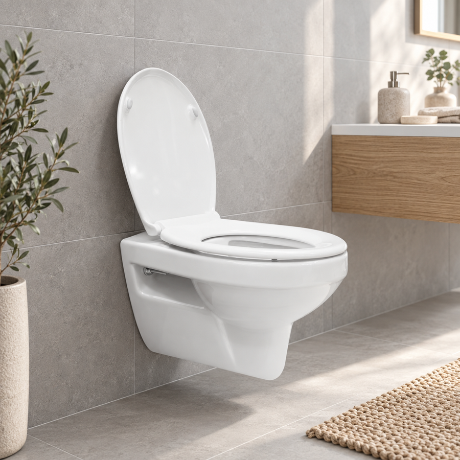 Xellanz Trevi rimless hangtoilet met Ultimo 3.0 zitting in grijze badkamer