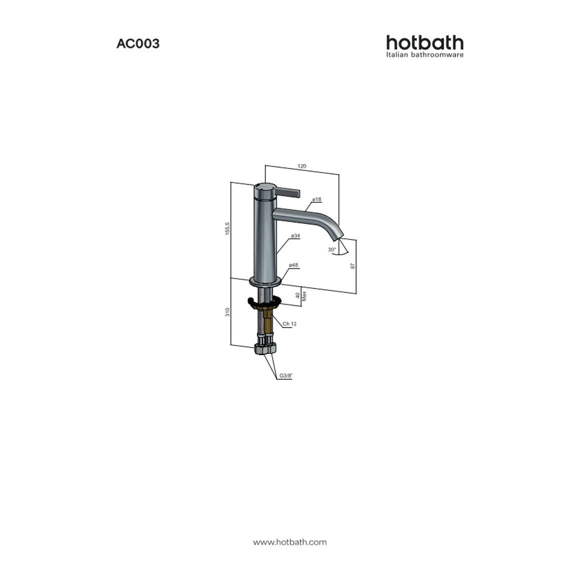 Hotbath Ace AC003 wastafelmengkraan eenhendel technische tekening