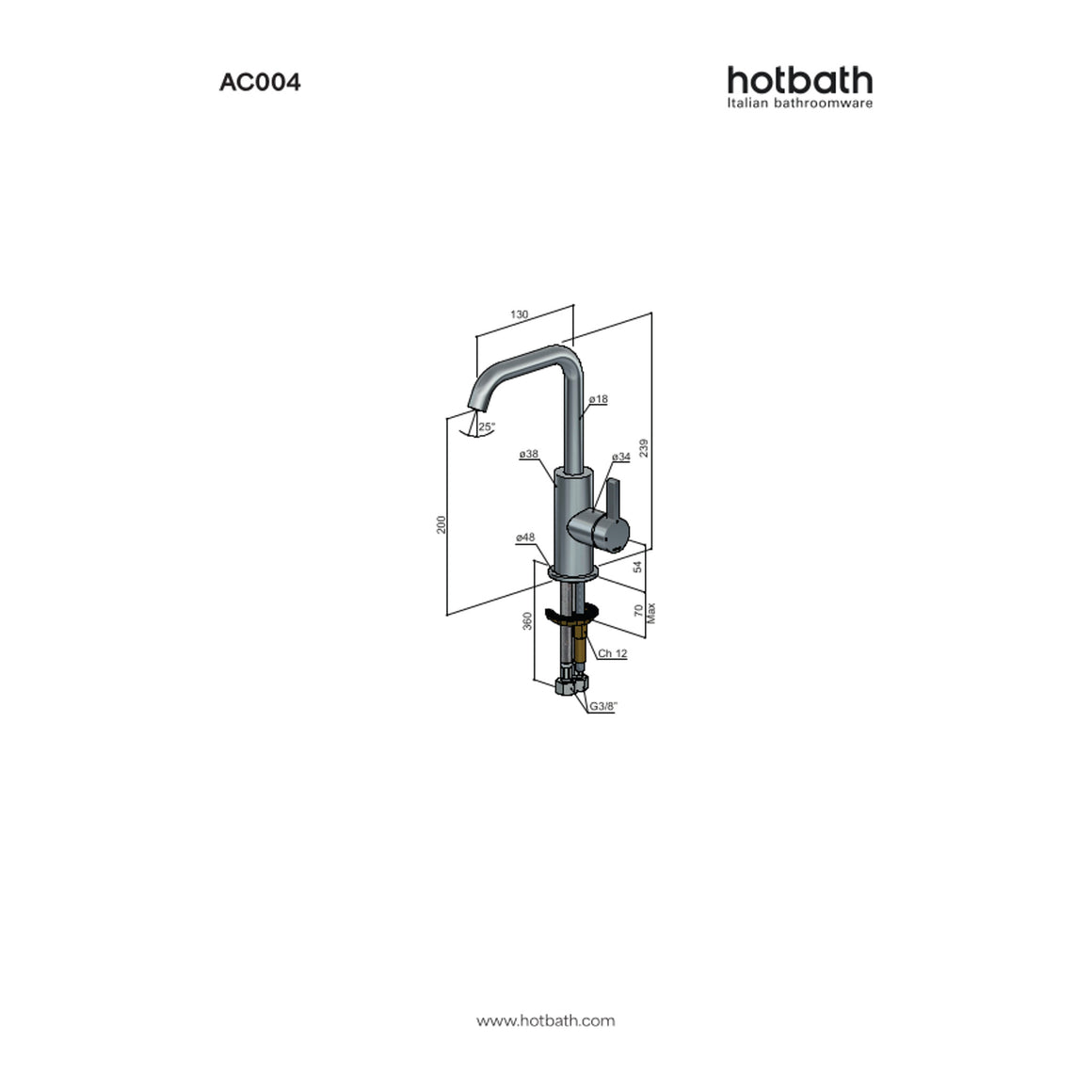 Hotbath Ace AC004 wastafelmengkraan met draaibare uitloop technische tekening