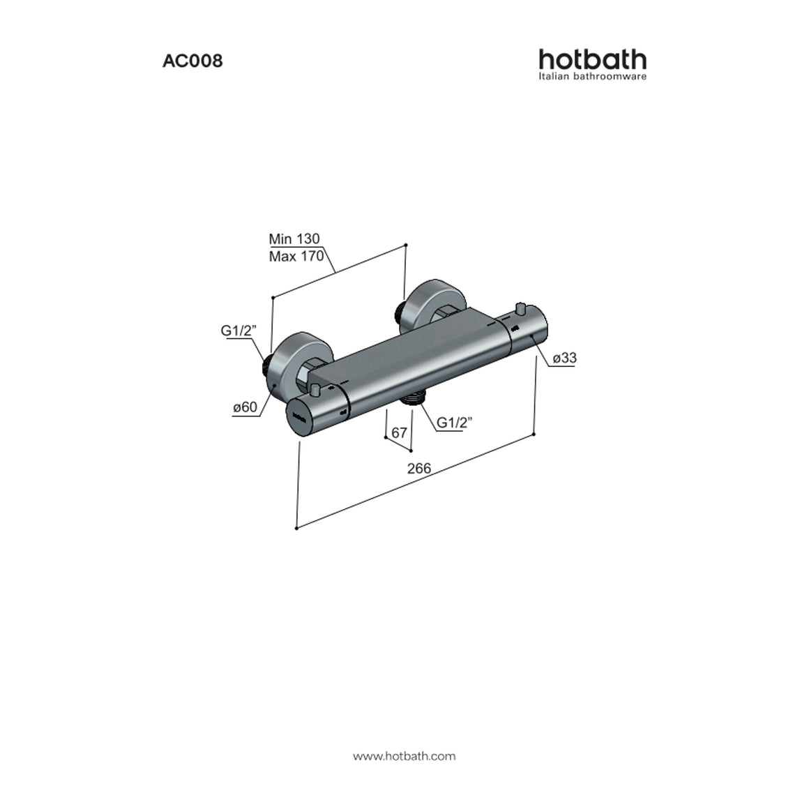 Hotbath Ace AC008 thermostatische douchemengkraan opbouw technische tekening