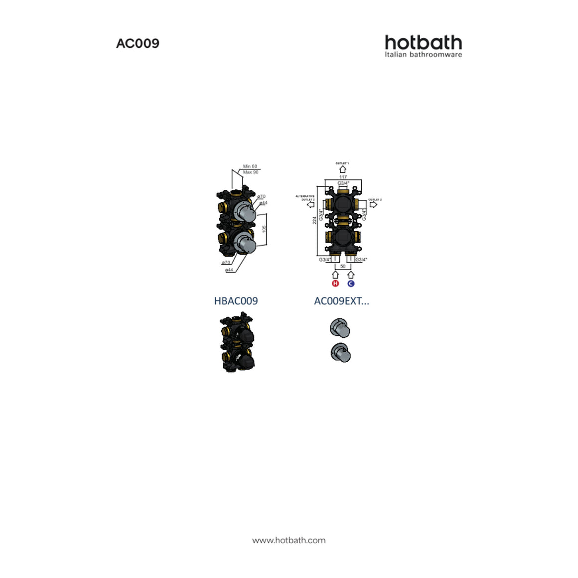 Hotbath Ace AC009 inbouw thermostaat met 2-weg stop-omstel technische tekening