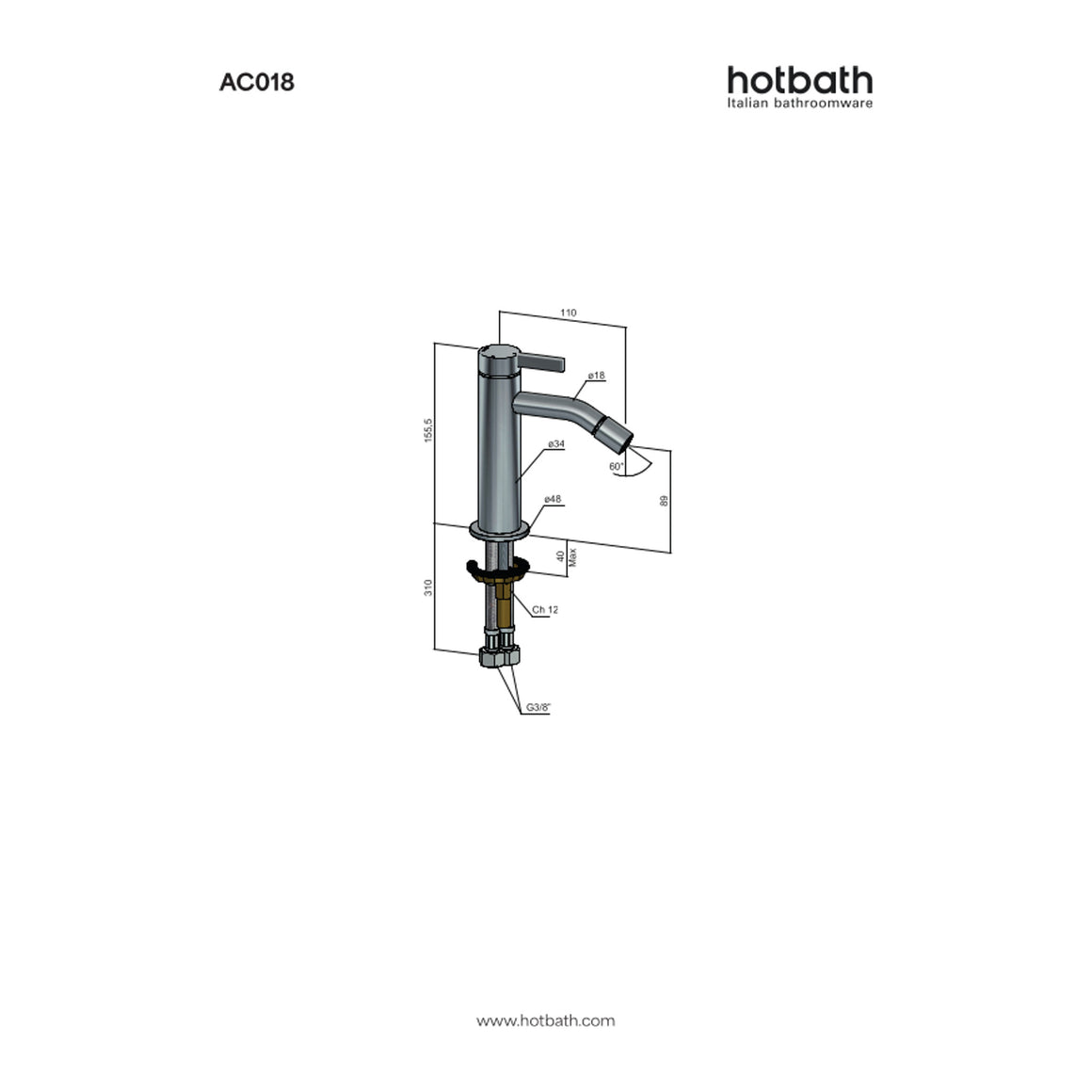 Hotbath Ace AC018 bidetmengkraan technische tekening