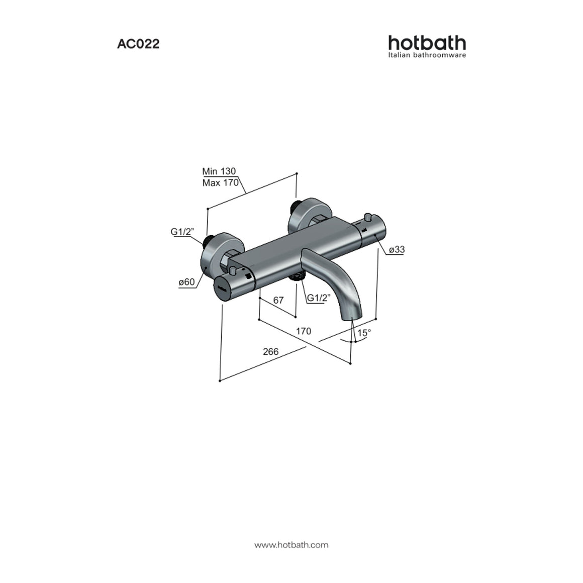 Hotbath Ace AC022 thermostatische badmengkraan opbouw technische tekening