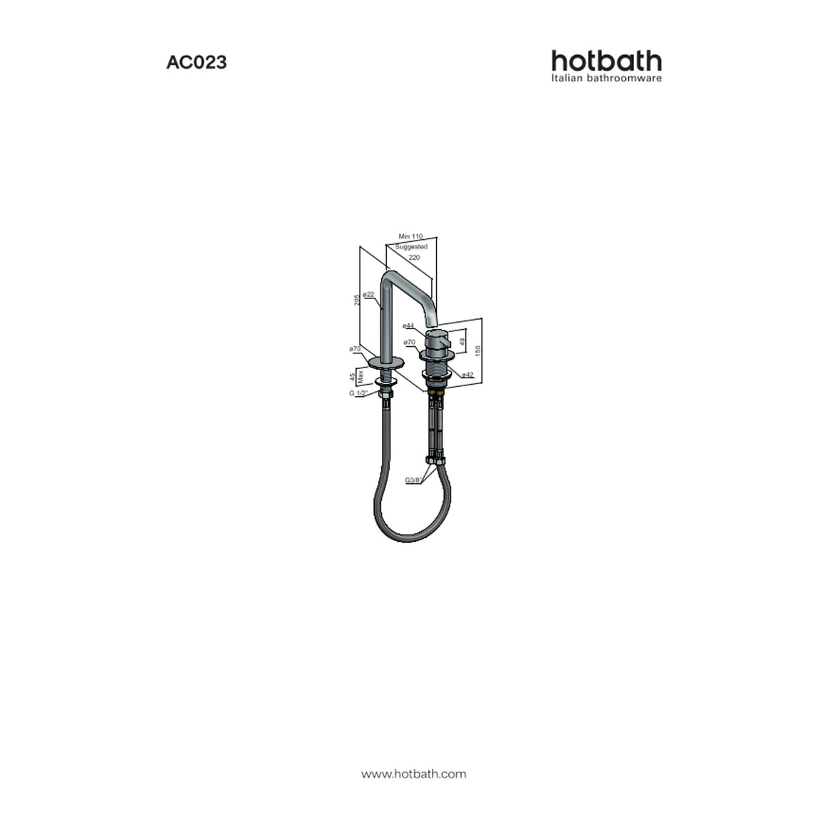 Hotbath Ace AC023 2-gats wastafelmengkraan met draaibare uitloop technische tekening
