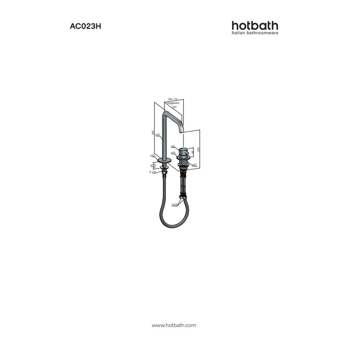 Hotbath Ace AC023H hoge 2-gats wastafelmengkraan met draaibare uitloop technische tekening