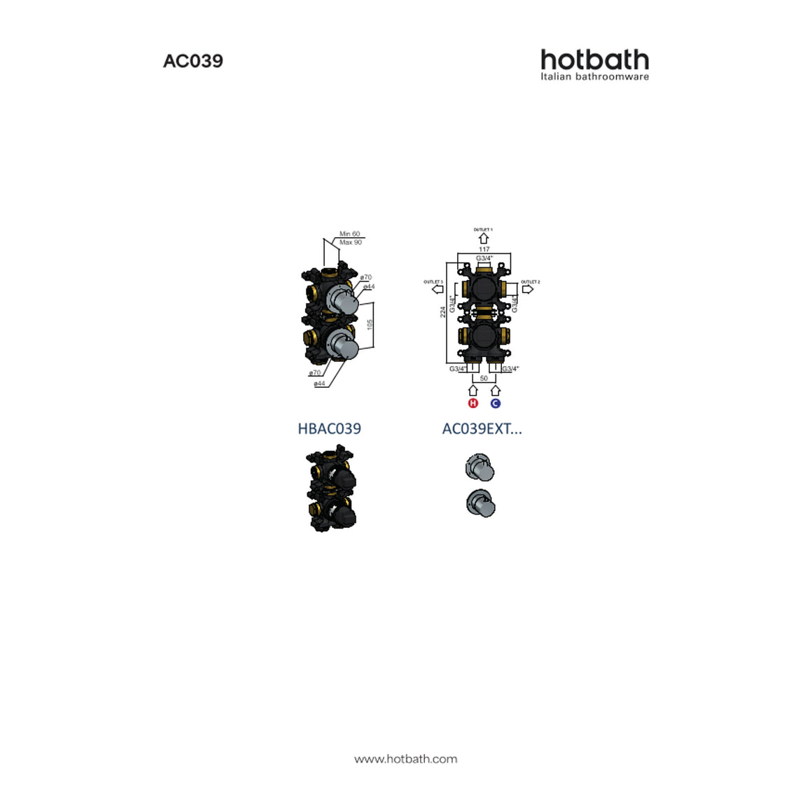 Hotbath Ace AC039 inbouw thermostaat met 3-weg stop-omstel technische tekening