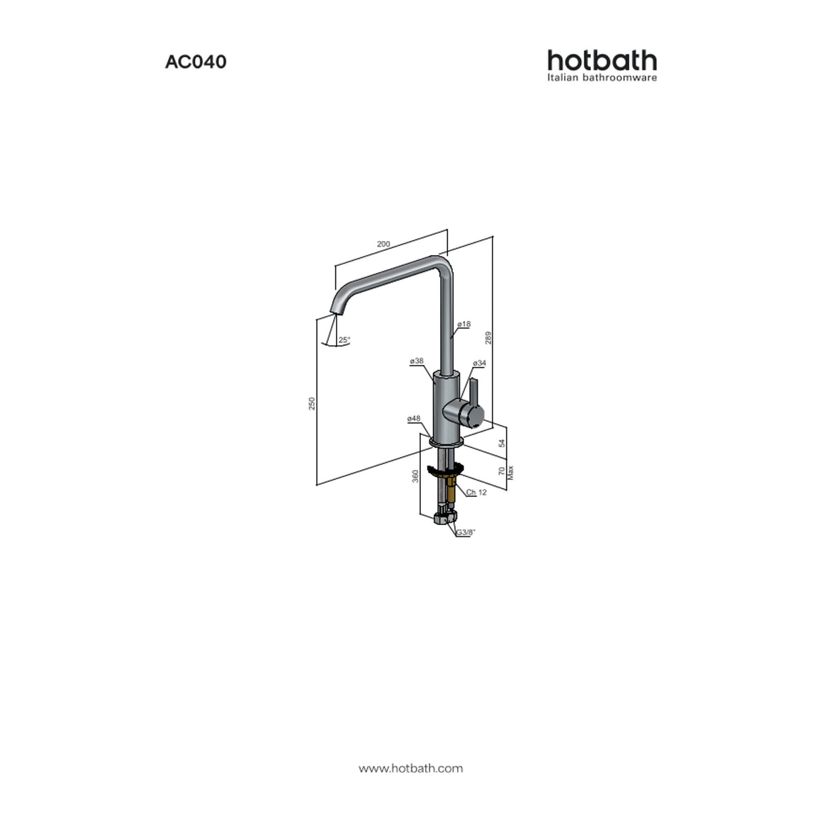 Hotbath Ace AC040 keukenmengkraan met draaibare uitloop technische tekening