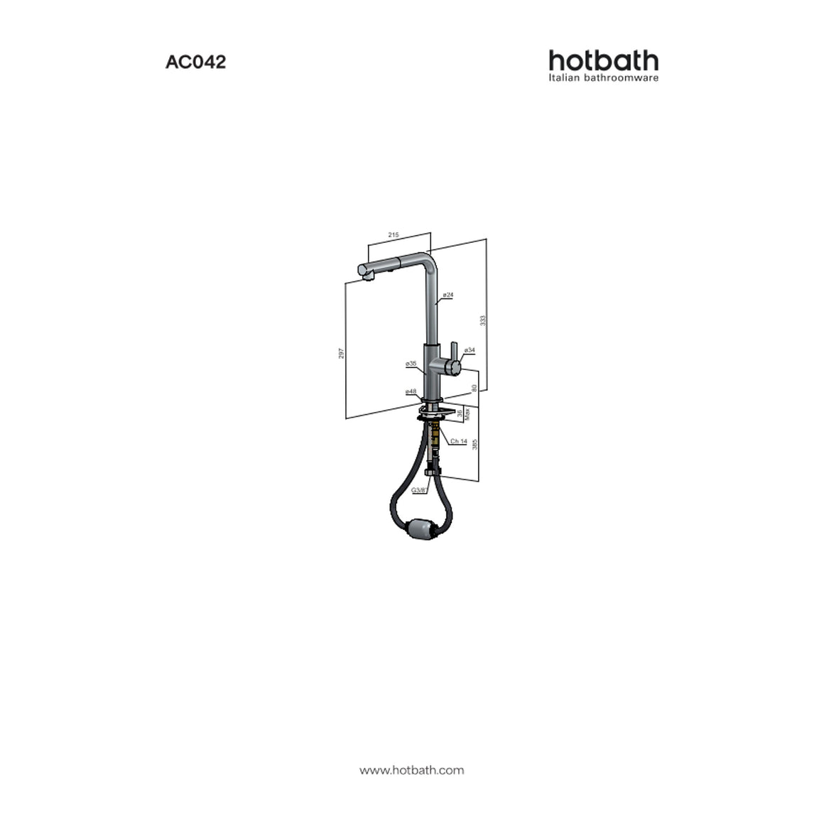 Hotbath Ace AC042 keukenmengkraan met draaibare uitloop en uittrekbare handdouche technische tekening