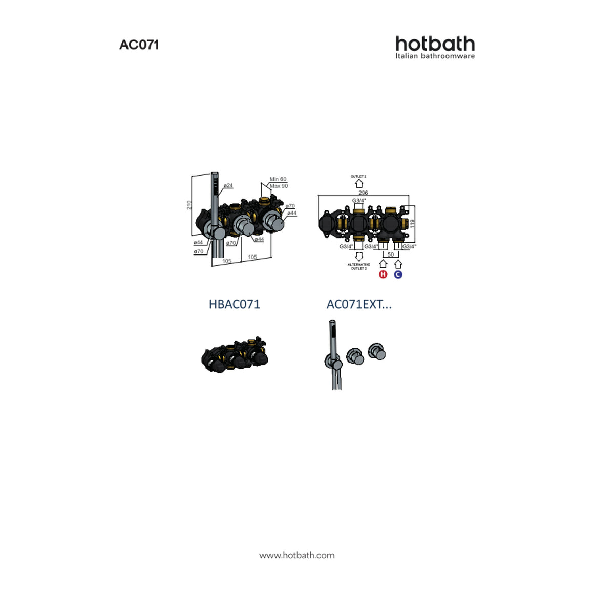 Hotbath Ace AC071 inbouw thermostaat met 2-weg omstel en handdouche technische tekening