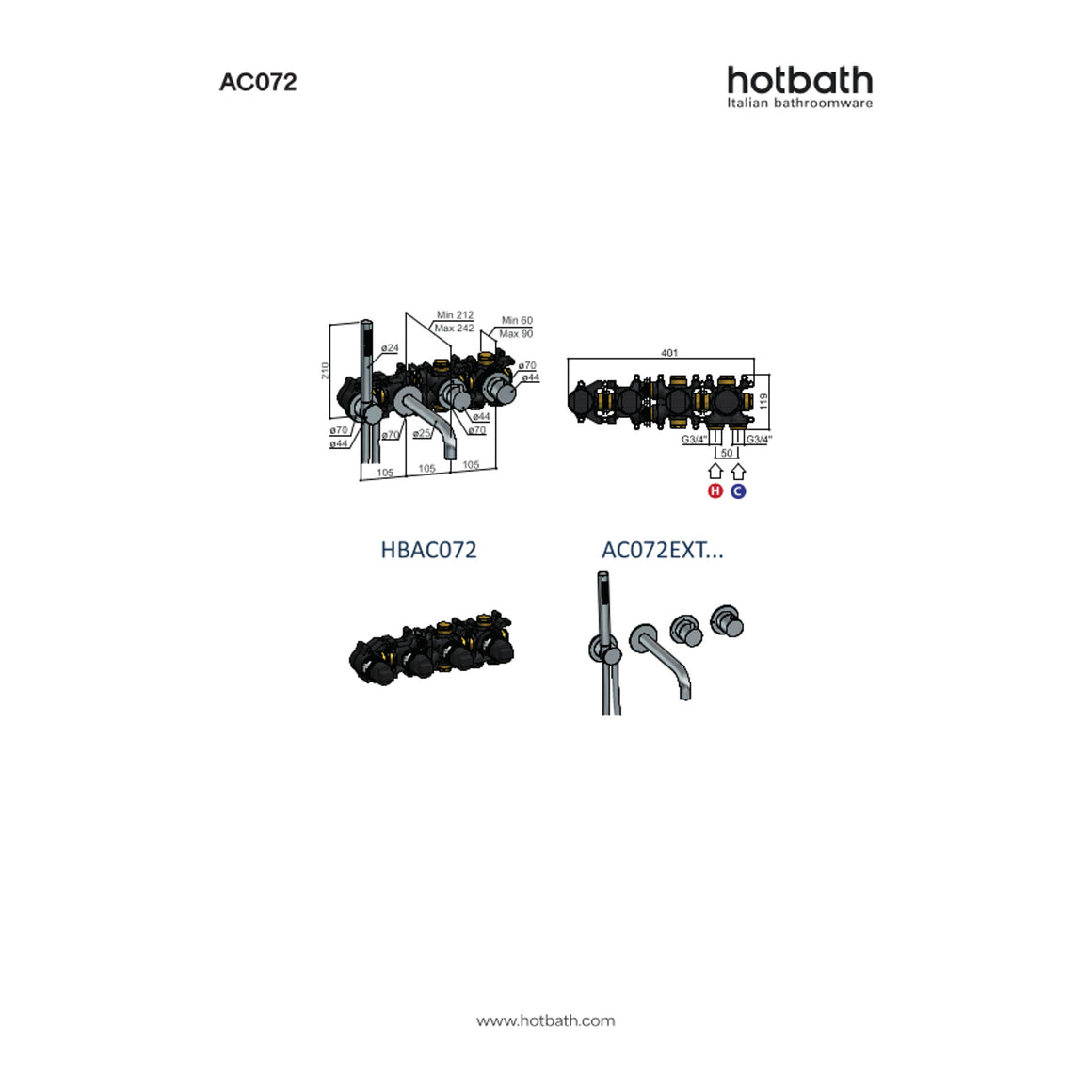 Hotbath Ace AC072 inbouw badthermostaat met uitloop en handdouche technische tekening